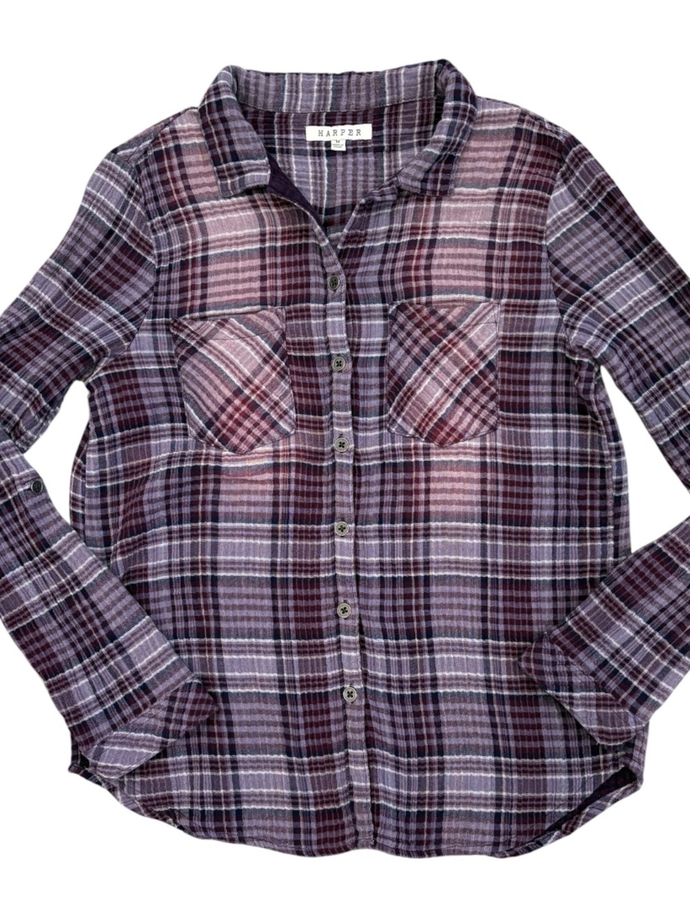 Harper Plaid Crinkle Gauze Cotton Long Sleeve Button Front & Back Shirt Purple M